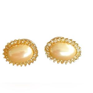 Vintage faux pearl gold tone oval earrings with crystals